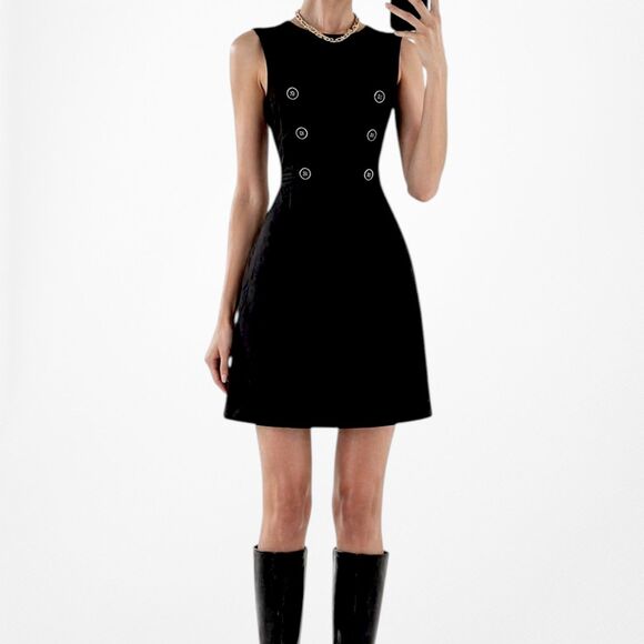 American Vintage Dresses & Skirts - Vintage Y2K 90s Black Button Front A-Line Fit Flared Knee Length Dress Size M